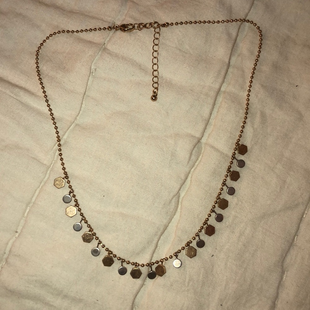 Silver and gold necklace, octagon & circles.